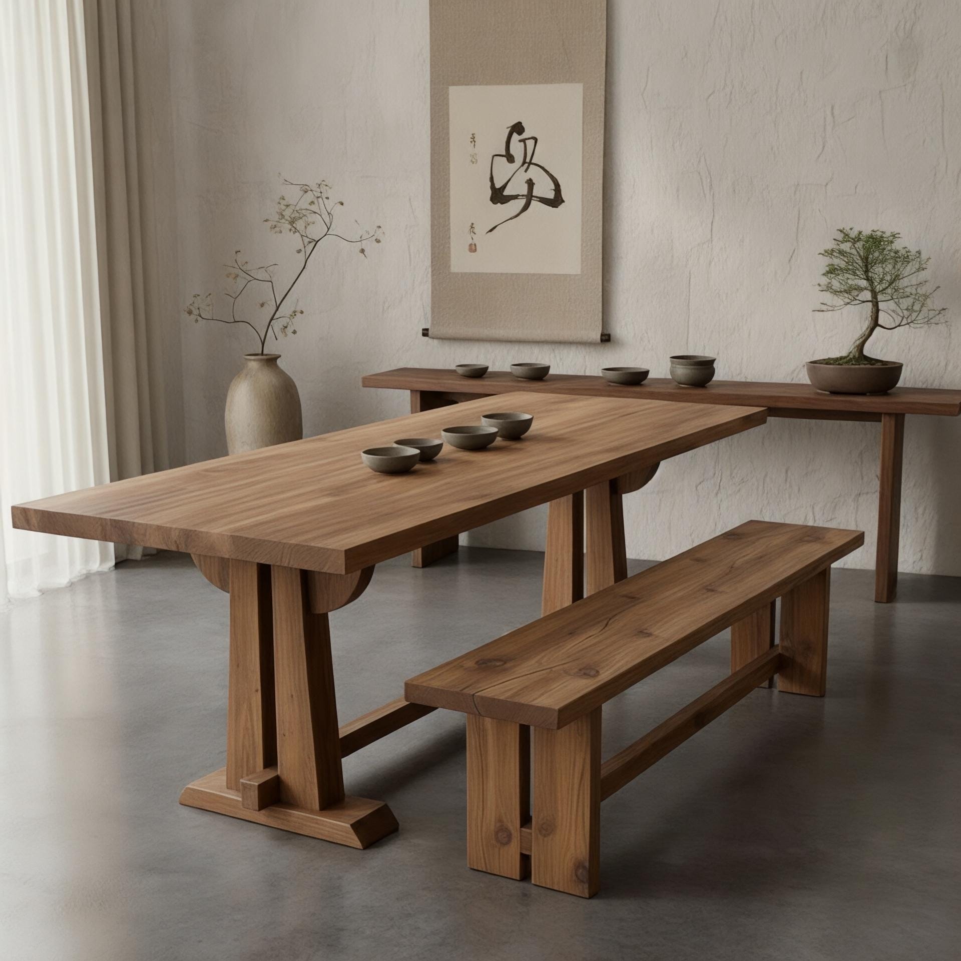Japandi Rustic Oak Dining Table and Bench – Long Reclaimed Wood