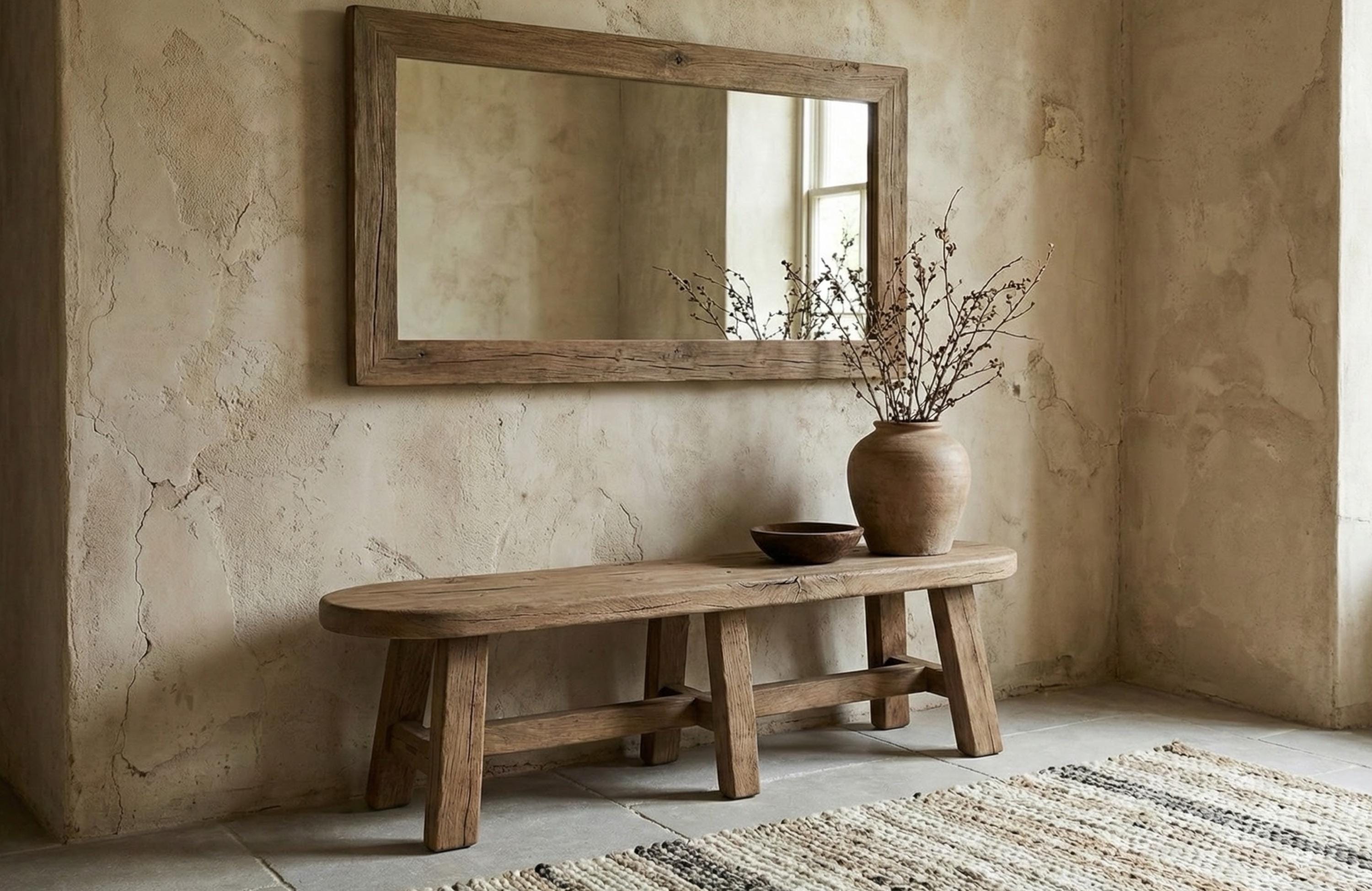 Long Reclaimed Oak Bench – Oval Rustic Solid Wood Entryway Bench