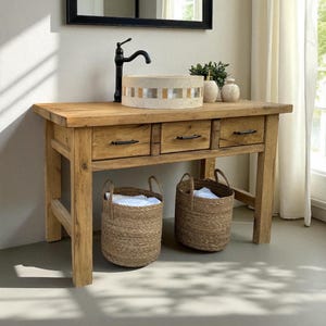 Reclaimed Oak Vanity with Drawers, Travertine Sink Option, Rustic Bathroom Sink Unit