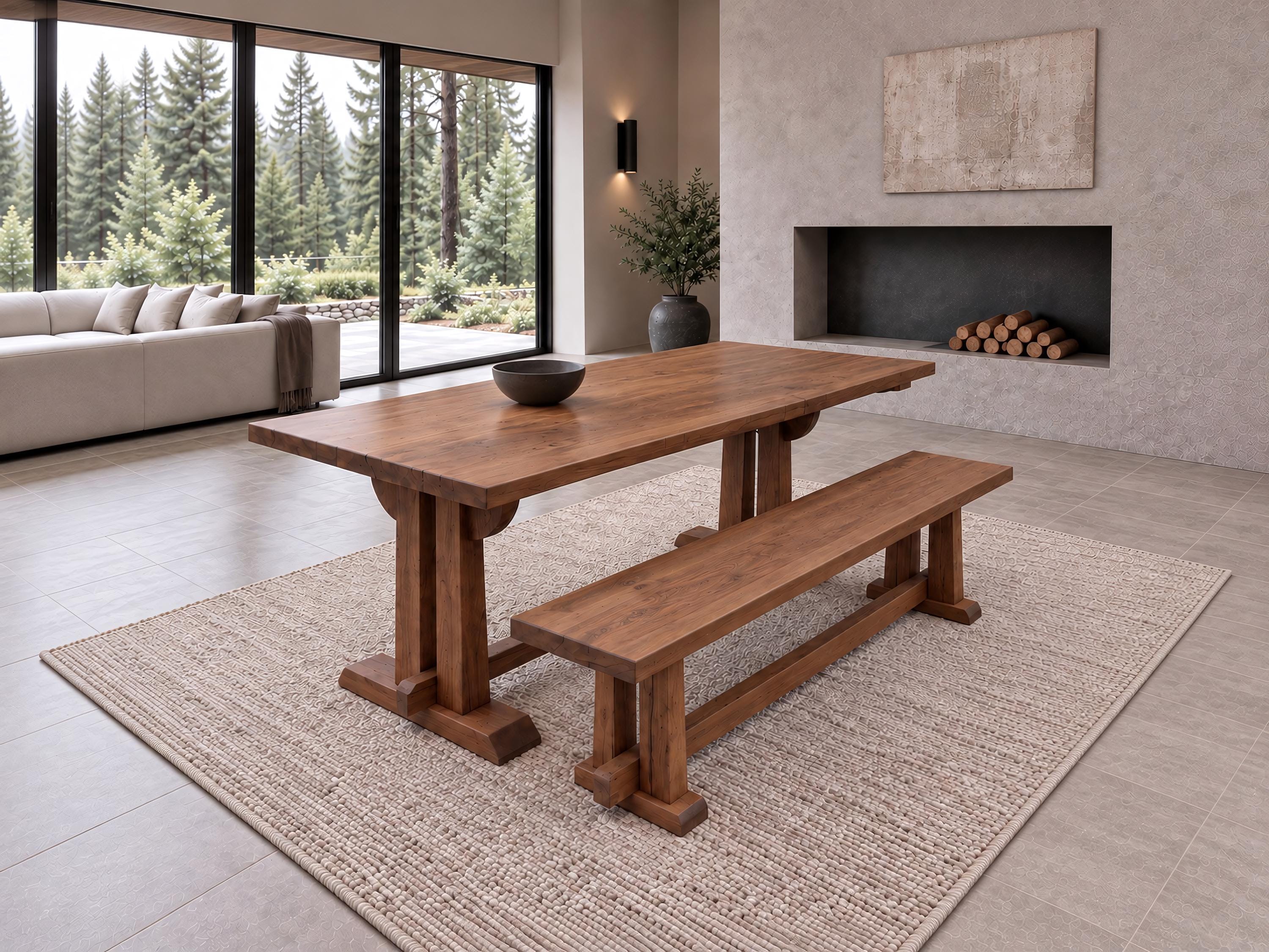 Japandi Rustic Oak Dining Table and Bench – Long Reclaimed Wood