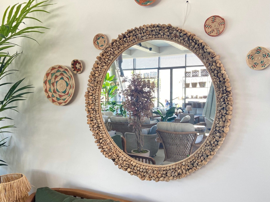 Large Round Mirror Wall Decor Boho, Driftwood Mirror Wood Wall Art Boho