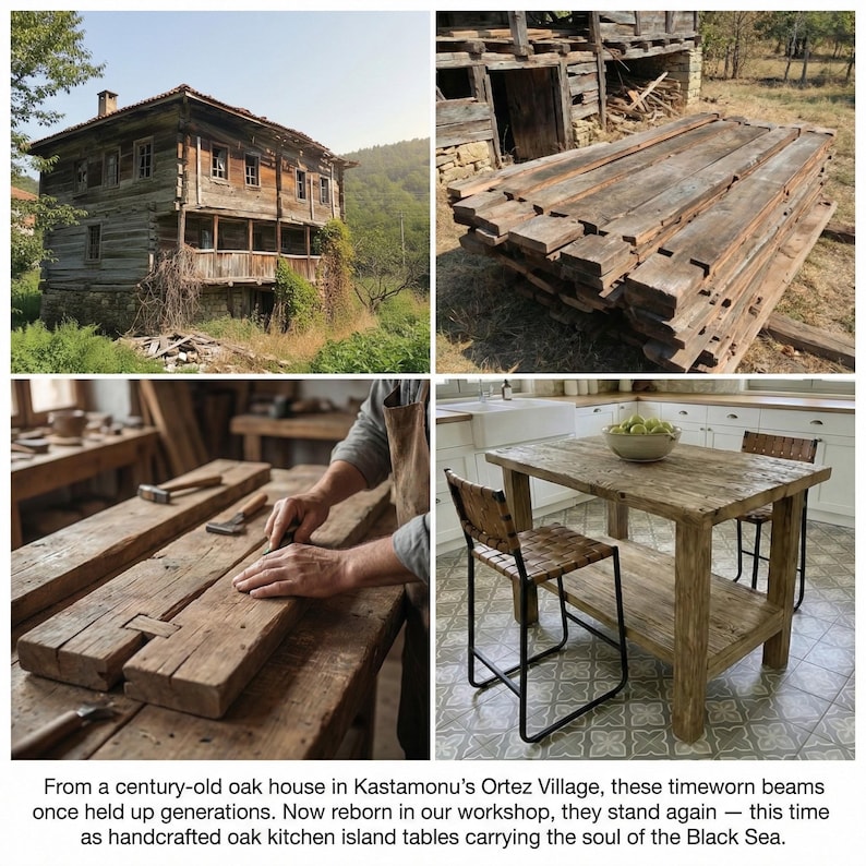 Reclaimed Oak Kitchen Island Table – Rustic Farmhouse Counter Height Table with Storage Shelf image 4