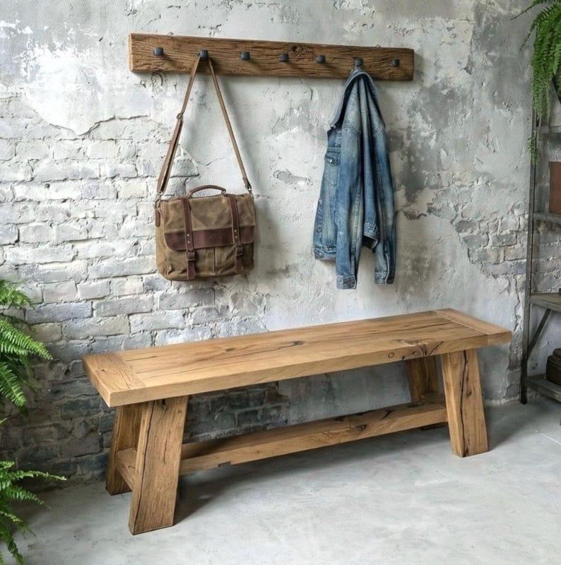 Reclaimed Oak Coat Rack with Wrought Iron Railroad Spike Hooks - Farmhouse Style image 16
