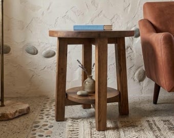 Solid Reclaimed Oak Side Table, Handcrafted End Table for Japandi 