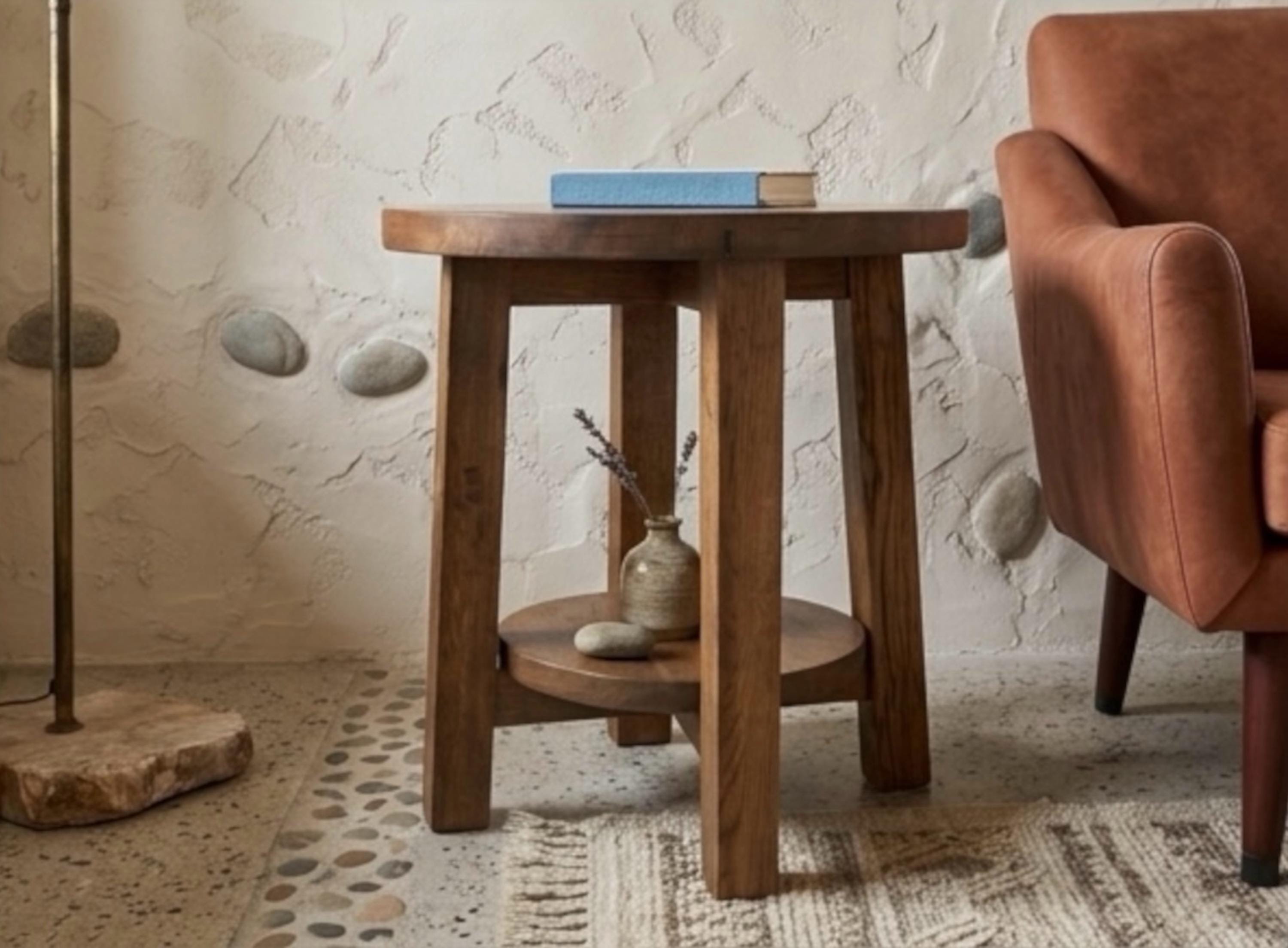 英国【Oak wood／Side table】オーク材　サイドテーブル Solid Reclaimed Oak Side Table, Handcrafted End Table for Japandi