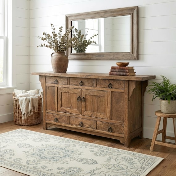 Rustic Oak Sideboard – Solid Wood Buffet Cabinet, Farmhouse Credenza