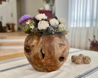 Teak Root Ball Vase: Hand-Carved Wooden Table Centerpiece
