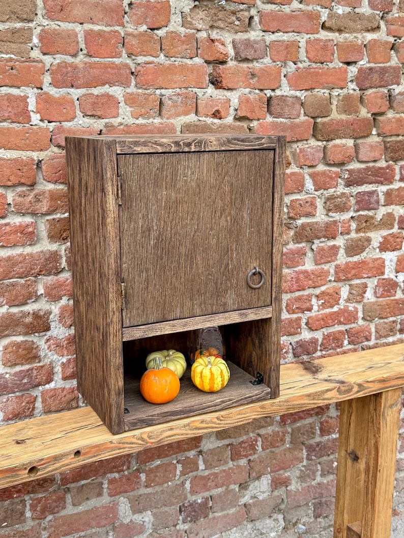 Puede incluir: Un armario de madera marr&oacute;n oscuro con una sola puerta y un peque&ntilde;o estante. El armario tiene una manija de anillo de metal. El armario est&aacute; sentado en un estante de madera con tres peque&ntilde;as calabazas en el estante.