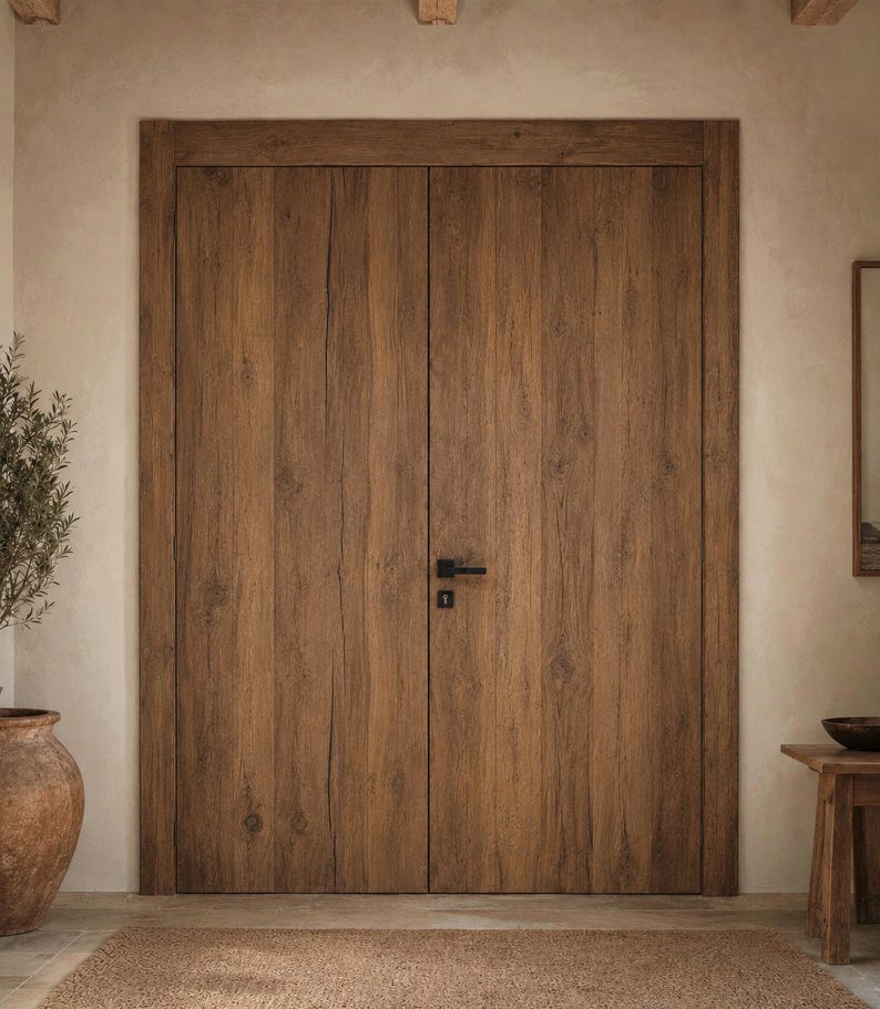 May include: A set of double doors made of brown wood with a visible grain pattern and vertical planks. The doors feature a rectangular frame and a matte black horizontal lever handle with a matching square keyhole plate centered on the right door.