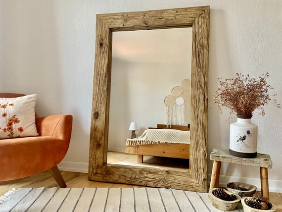 Reclaimed Wood Full Length Floor Mirror – Rustic Wabi Sabi Wall Decor for Home