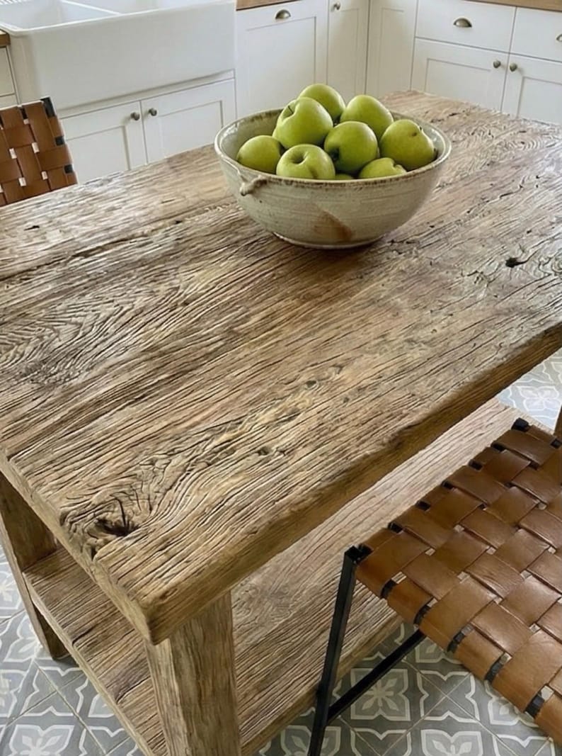 Reclaimed Oak Kitchen Island Table – Rustic Farmhouse Counter Height Table with Storage Shelf image 12