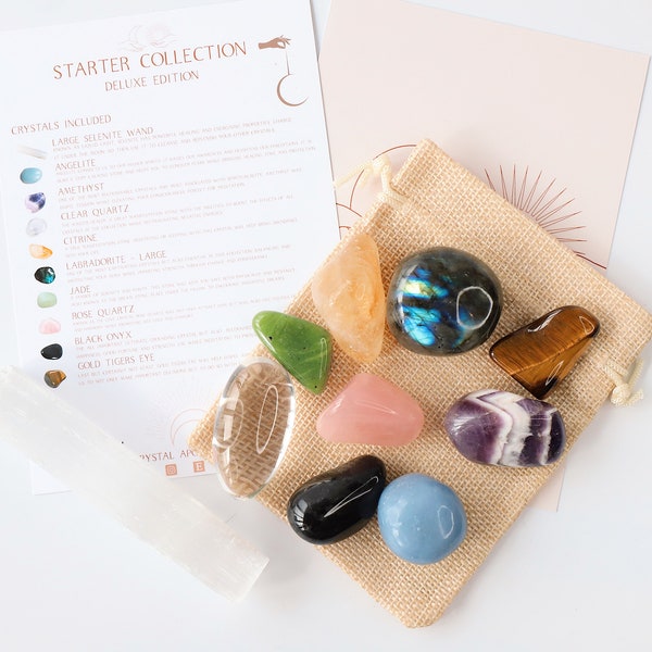 Deluxe Anfänger Kristall Kit, Heilkristalle, komplettes Starter Kit, Wunderschöne ethisch bezogene Kristalle, Luxus Kristalle