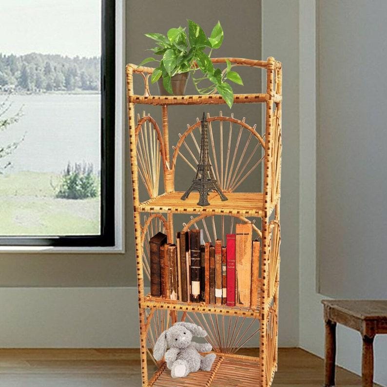 50” tall handmade rattan shelf, wicker shelf, planter, arch bookcase, wicker furniture rattan furniture, shelving unit