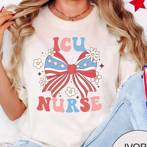 ICU 4th of July Shirt, Intensive Care Unit Nurse, July 4th ICU Hospital Party Shirt, Fourth of July Nurse, ICU Nurse Group Shirt, Retro Bow