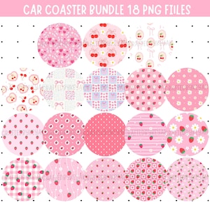 May include: A bundle of 18 car coasters with various pink patterns. Designs include cherries, strawberries, bows, and floral motifs. The text "CAR COASTER BUNDLE 18 PNG FILES" is at the top.