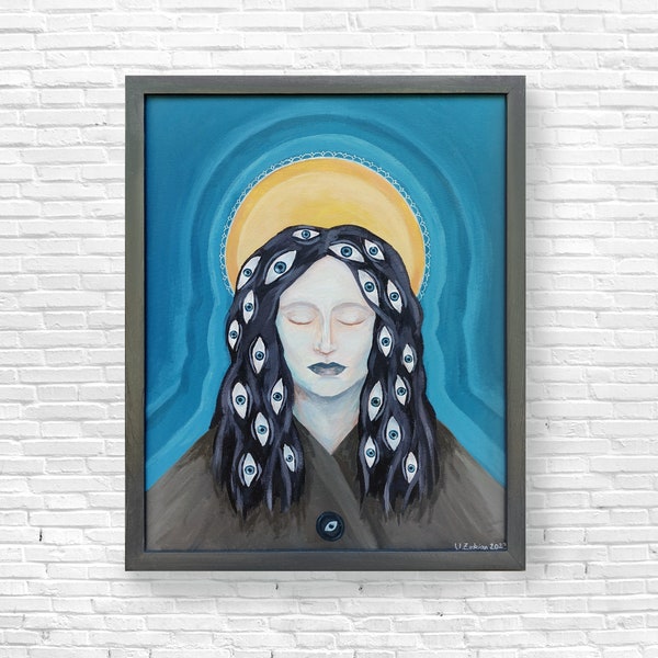 Psychedelic portrait painting of woman with eyes hair