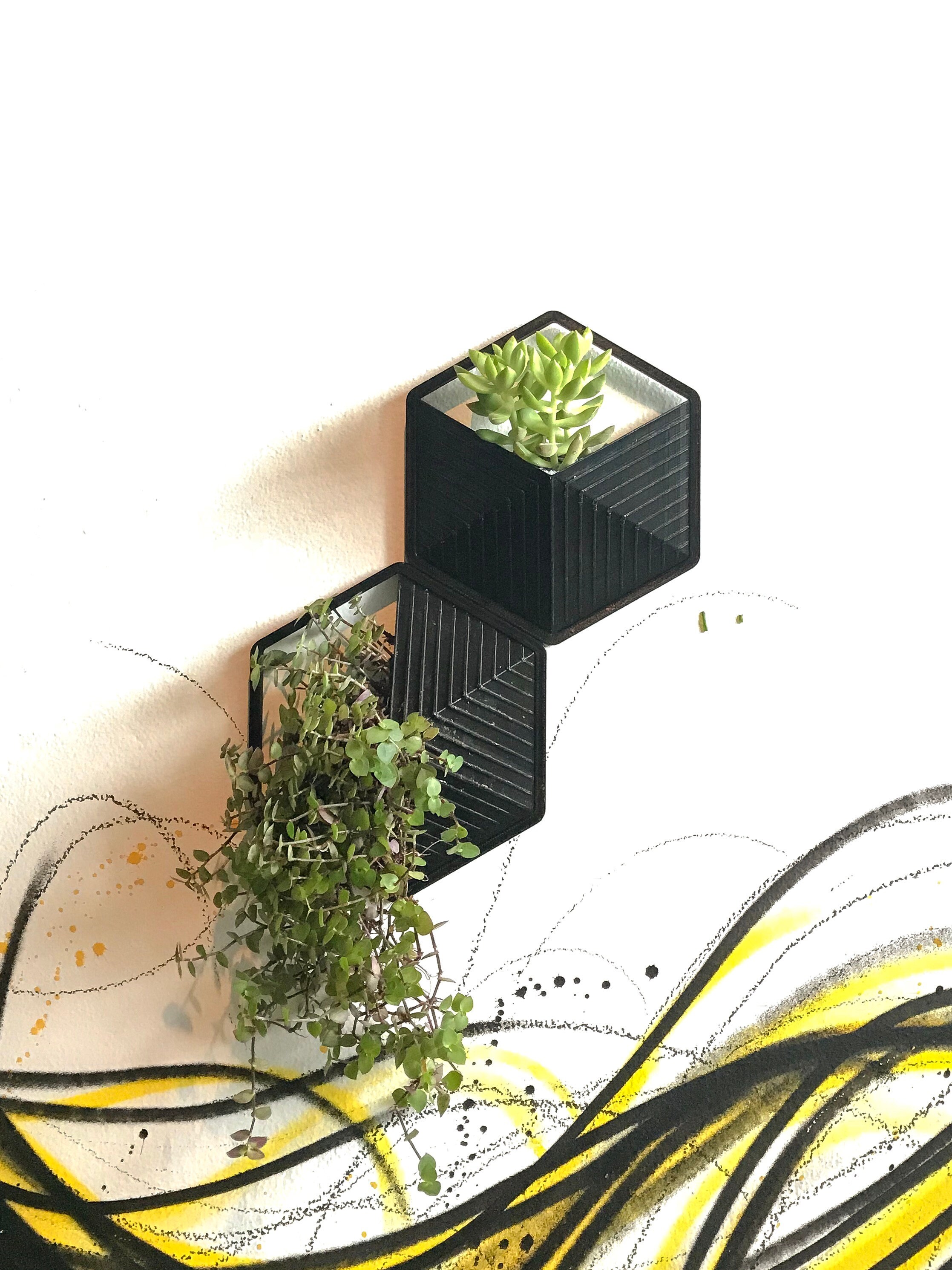 Textured Wall Planter Pair Black Etsy