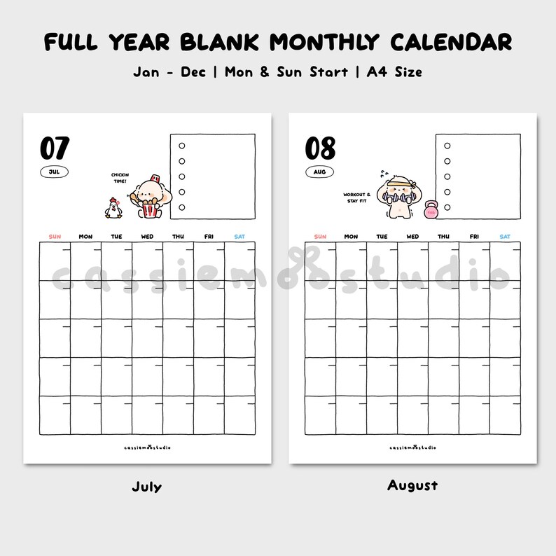 Undated Cute Korean Aesthetic Printable Calendar / Digital Calendar