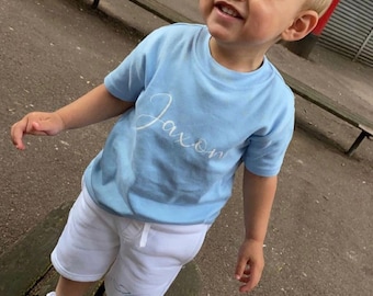 Childrens personalised white and blue shorts and tshirt summer two piece set / Personalise with Initials or Name / Summer clothing