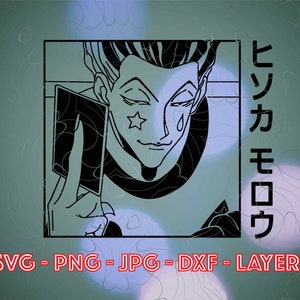 May include: Black and white illustration of a character holding a card, with Japanese text. The image has a teal and green background with bokeh effects. Text at the bottom reads "SVG - PNG - JPG - DXF - LAYERS".