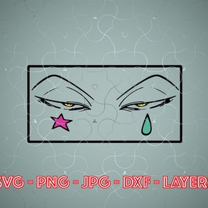 May include: A digital illustration of stylized eyes within a black rectangle. The eyes are closed with yellow irises, a pink star on one side, and a teal teardrop on the other. Text at the bottom reads "SVG - PNG - JPG - DXF - LAYERS."