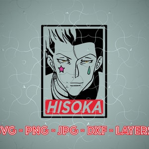 May include: A black and white illustration of a character with a pink star and a blue teardrop on their face. The character's name is "HISOKA" in red letters.