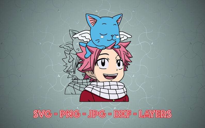 Op de afbeelding: Een cartoonillustratie van een anime-personage met roze haar en een blauwe kat met vleugels op zijn hoofd. Het personage glimlacht en draagt een rood shirt en een witte sjaal.