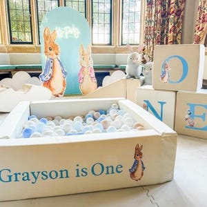 May include: A beige ball pit filled with blue and white balls, with the text "Grayson is One" and a Peter Rabbit illustration. Blocks spell "ONE" with Peter Rabbit and the letter "O". A Peter Rabbit backdrop is also visible.