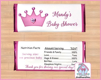 Personalized Baby Shower Candy Wrappers, Princess Crown Favors (Printed)
