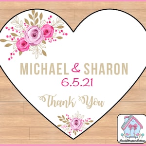 Wedding Pink Rose Gold Heart Shaped Favor Labels, Thank you Stickers, Personalized PRINTED