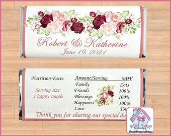 Roses Wedding Chocolate Candy Bar Wrappers includes FOILS, Floral Personalized Favors PRINTED