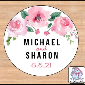Wedding Pink Roses Round Thank You Labels, Favor Stickers, Personalized, PRINTED