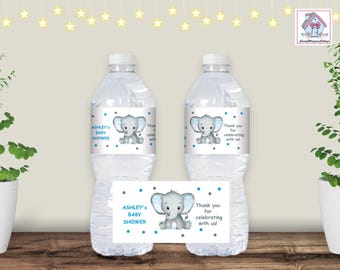Elephant Water Bottle Labels Baby Shower Personalized PRINTED Pink Blue
