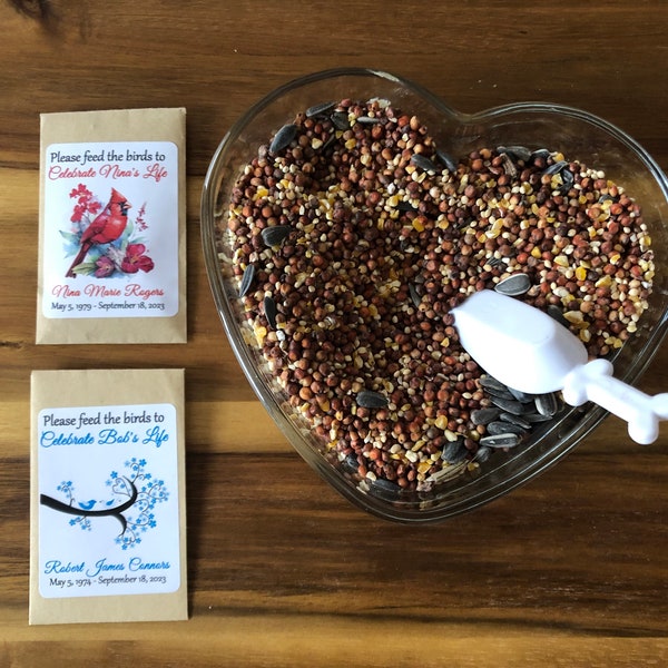 30 Funeral Memorial Bird Seed Packs Personalized Celebration of Life Favors INCLUDES BIRD SEEDS