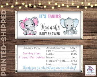 Elephant Twins Baby Shower Chocolate Bar Wrappers, Personalized, Printed with Foils