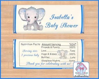 PRINTED Elephant Baby Shower Chocolate Candy Bar Wrappers, Favors, Free Foils, Personalized Pink or Blue