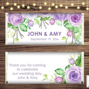Purple Roses Wedding Favors Chocolate Candy Bar Wrapper includes Foils Personalized PRINTED