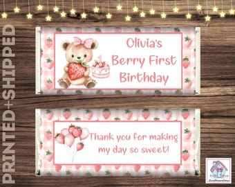 Berry First Birthday Chocolate Candy Bar Wrappers includes Foils, Personalized Favors PRINTED