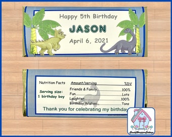 PRINTED Dinosaur Birthday Chocolate Candy Bar Wrappers INCLUDES Foils, Personalized Party Favors