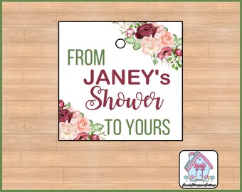 PRINTED Burgundy Floral Baby Shower Tags, Bath Bomb Shower Tags, Floral Gift Tags, From My Shower to Yours Tag, Personalized Tags