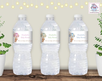 Teddy Bear Baby Shower Water Bottle Labels Blue Green Pink Favors Personalized PRINTED