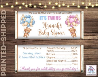 Twins Baby Shower Teddy Bears Favors Chocolate Candy Bar Wrappers includes Foils Personalized PRINTED