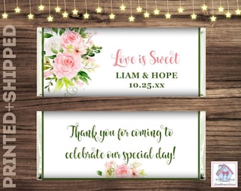 Pink Roses Wedding Favors Chocolate Candy Bar Wrappers includes Foils Personalized PRINTED