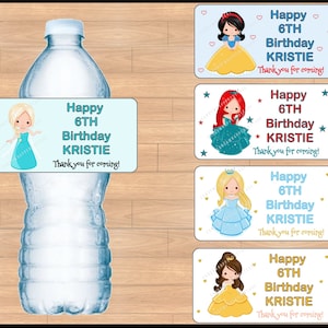 Princess Birthday Water Bottle Labels Elsa Ariel Cinderella Belle Snow White PRINTED