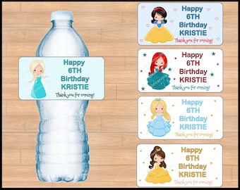 May include: Four different princess-themed water bottle labels with a blue background and gold accents. Each label features a different princess character and the text "Happy 6TH Birthday KRISTIE Thank you for coming!"
