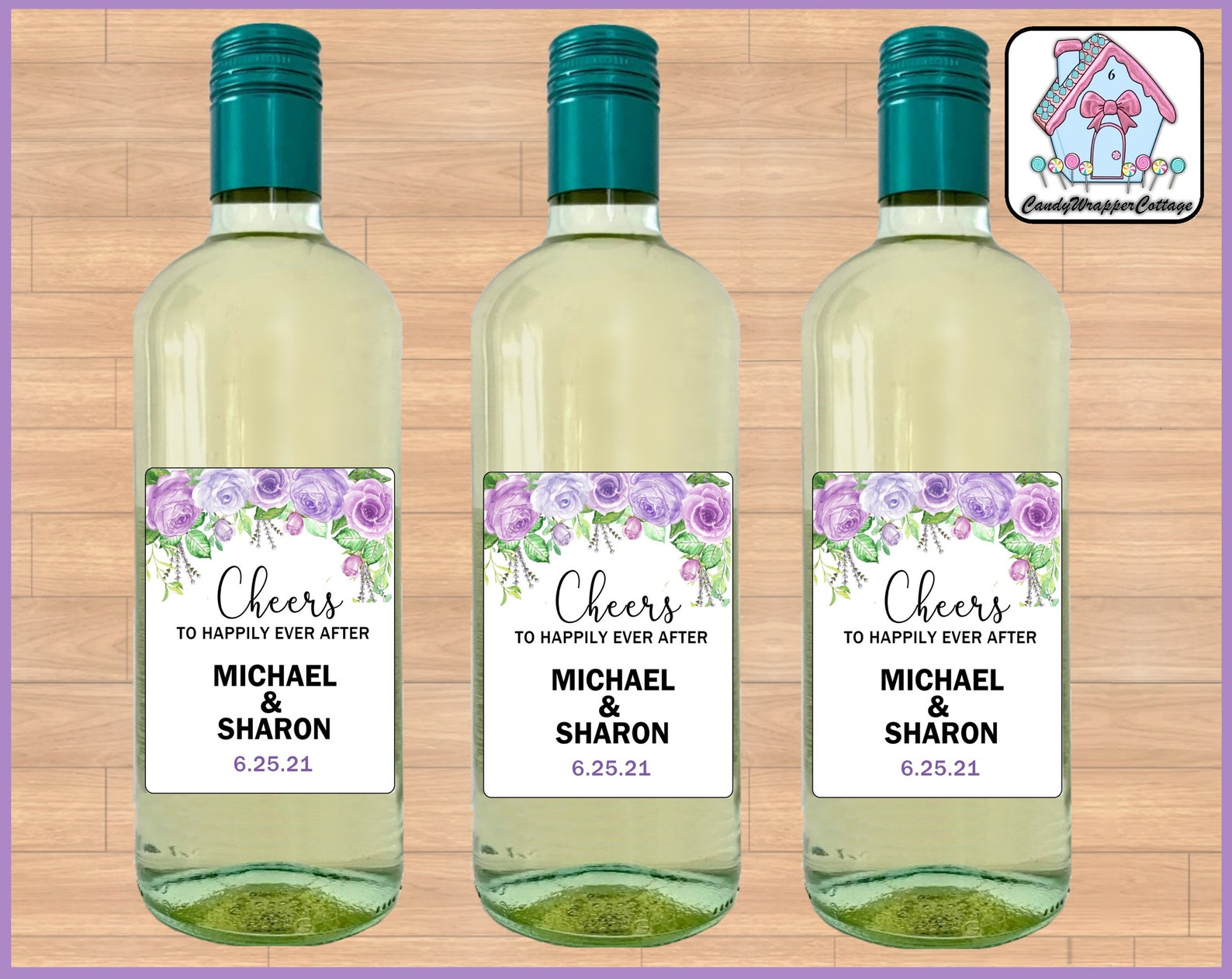 PRINTED Wedding Purple Roses Wine Bottle Labels, Purple Wedding Favors