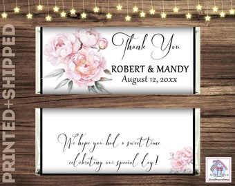 Peony Wedding Favors Chocolate Candy Bar Wrappers includes FOILS Personalized Favors PRINTED
