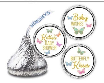 BUTTERFLY KISSES Baby Shower Kiss Labels Roses Personalized Chocolate Favors PRINTED