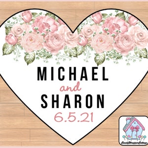 PRINTED Wedding Pink Blush Roses Heart Shaped Labels, Heart Shaped Wedding Favor Labels, Heart Shaped Stickers, Personalized Heart Labels