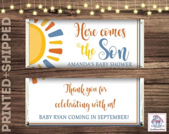 Here Comes The Son Baby Shower Chocolate Candy Bar Wrappers includes Foils Personalized PRINTED